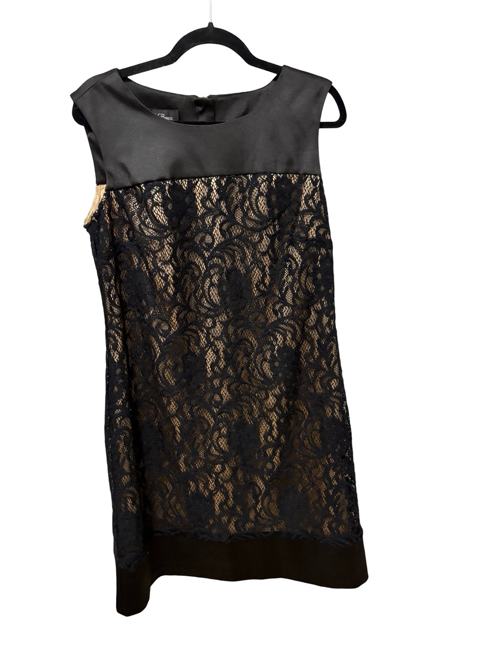 AGB Black Lace Cocktail Dress Satin Trim Nude Lining Size 14 Party Night Out